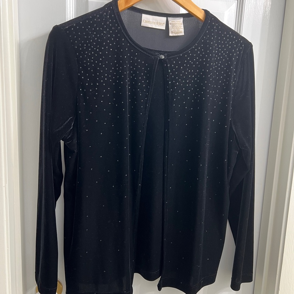 Christie & Jill Black Cardigan with Rhinestone Accents – Long Sleeve. Size S